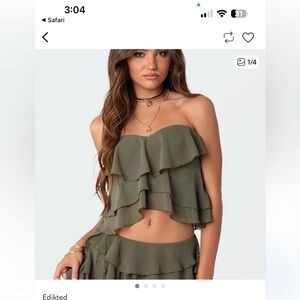 Edikted Khaki Ruffle Strapless Crop Top